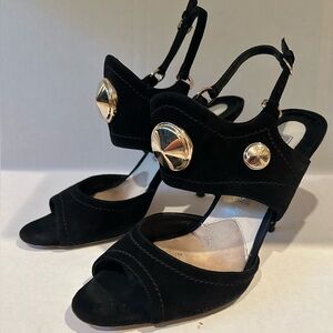 B BRIAN ATWOOD Suede Gold Disc Embellished Peep Toe Sandals Black